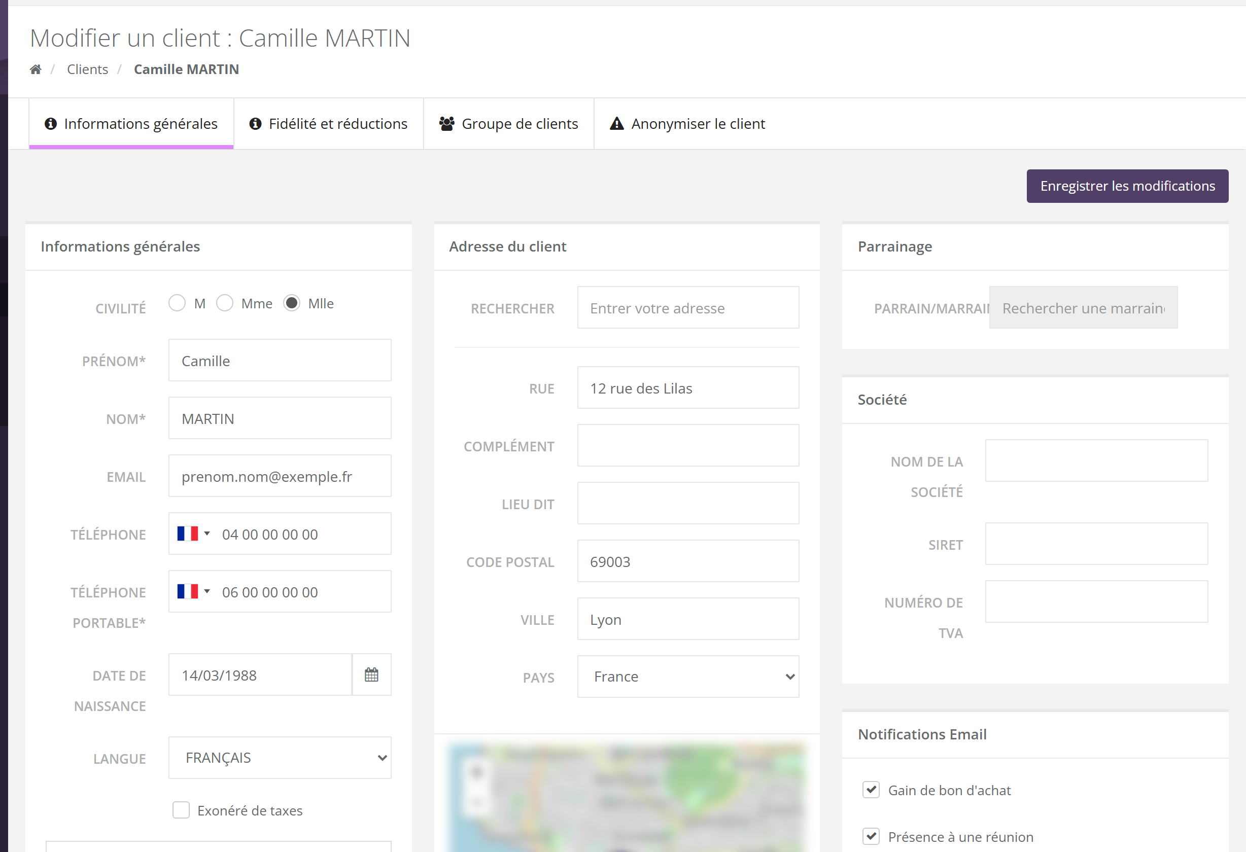 Écran Modifier un client : onglets Informations générales, Fidélité et réductions, Groupe de clients, Anonymiser le client ; bouton Enregistrer les modifications ; blocs Informations générales, Adresse du client, Parrainage, Société et Notifications Email