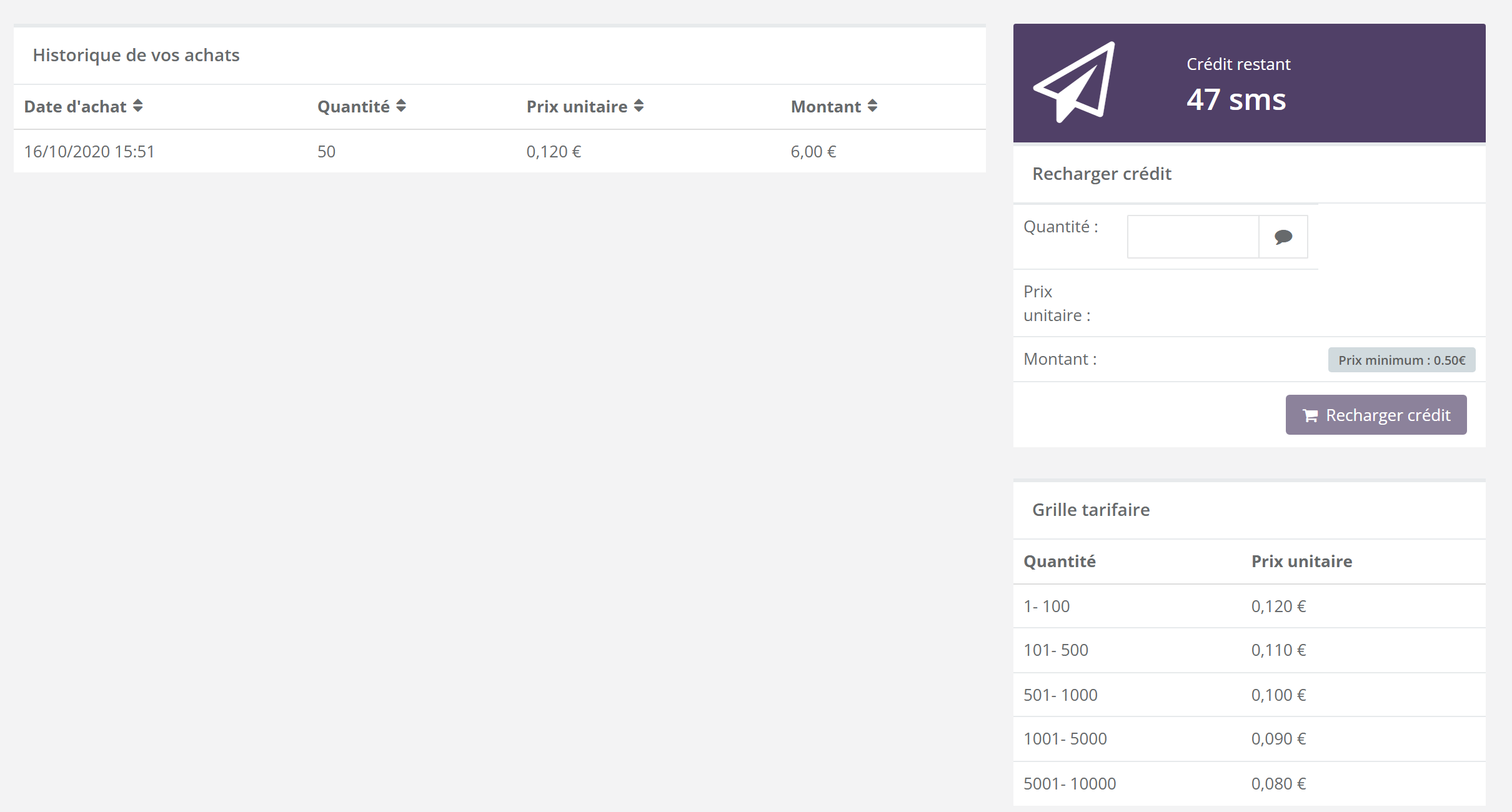 Écran Achat de crédit : Historique de vos achats avec un achat de 50 SMS à 0,120 euro soit 6,00 euros ; encart Crédit restant 47 sms ; bloc Recharger crédit avec Quantité, Prix unitaire, Montant et la mention Prix minimum 0.50 euro ; Grille tarifaire par tranches de quantité