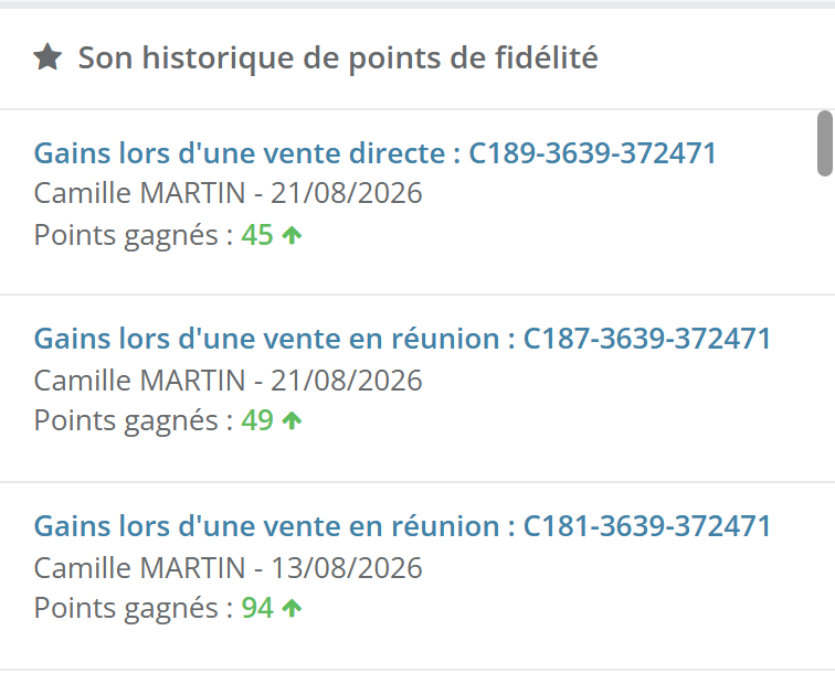 Bloc Son historique de points de fidélité : Gains lors d'une vente directe, 45 points gagnés ; Gains lors d'une vente en réunion, 49 puis 94 points gagnés, avec la référence de commande et la date