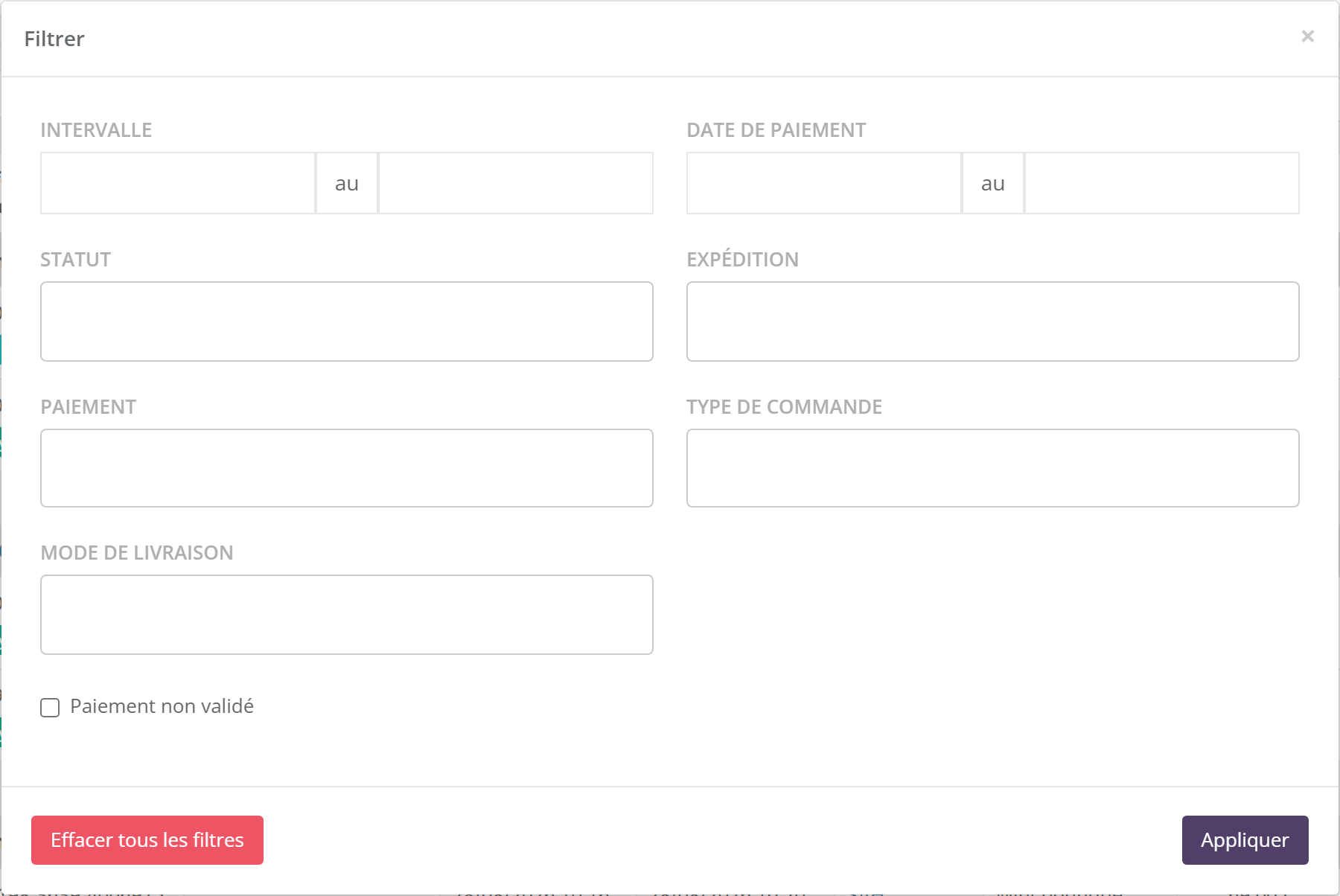 Fenêtre Filtrer : Intervalle, Date de paiement, Statut, Expédition, Paiement, Type de commande, Mode de livraison, case Paiement non validé, boutons Effacer tous les filtres et Appliquer