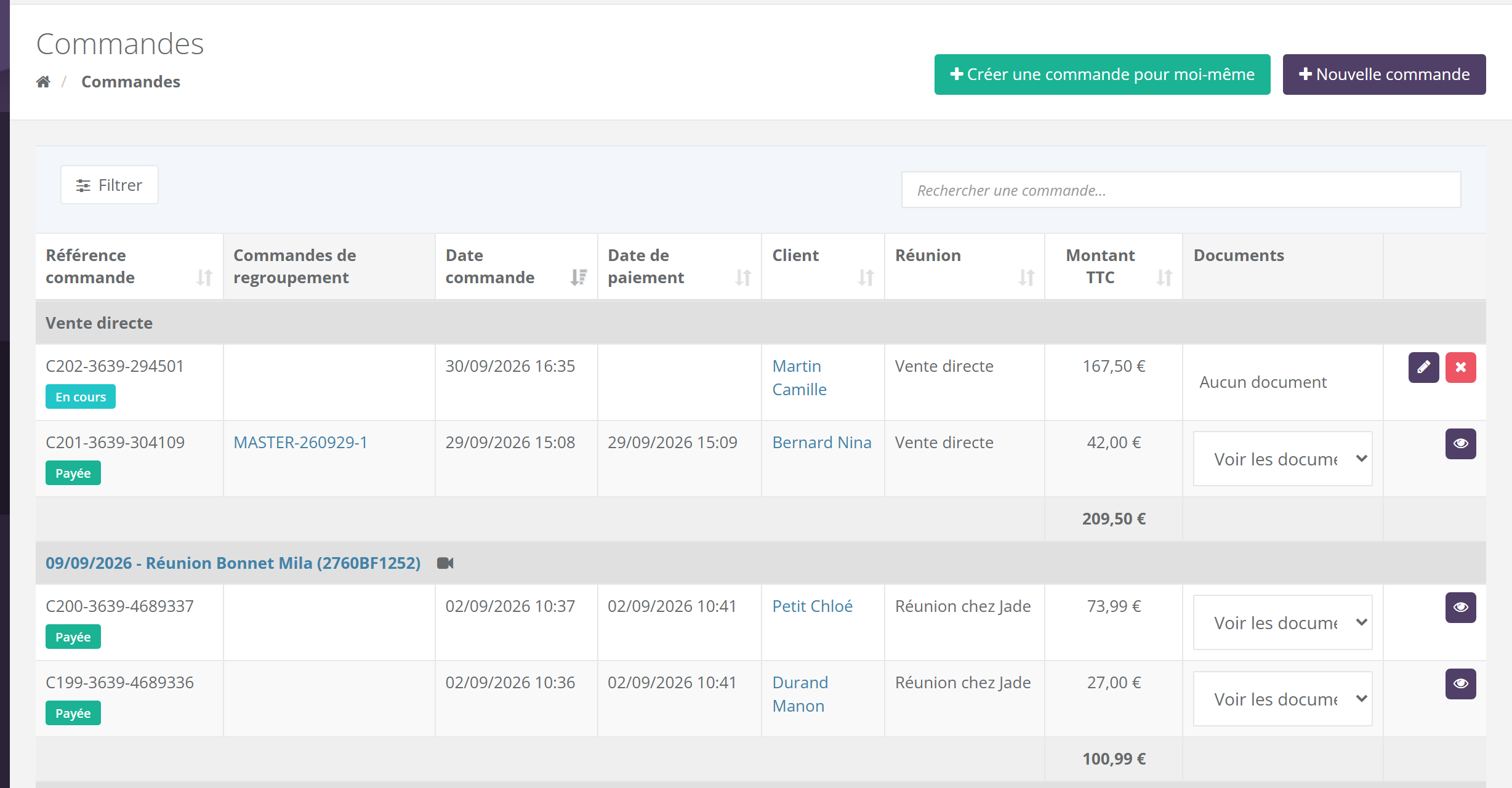 Liste Commandes : boutons Créer une commande pour moi-même et Nouvelle commande, bouton Filtrer, champ Rechercher une commande, colonnes Référence commande, Commandes de regroupement, Date commande, Date de paiement, Client, Réunion, Montant TTC, Documents ; des groupes Vente directe et 09/09/2026 - Réunion avec un total par groupe ; boutons crayon et croix rouge sur une commande En cours, œil sur les commandes Payée