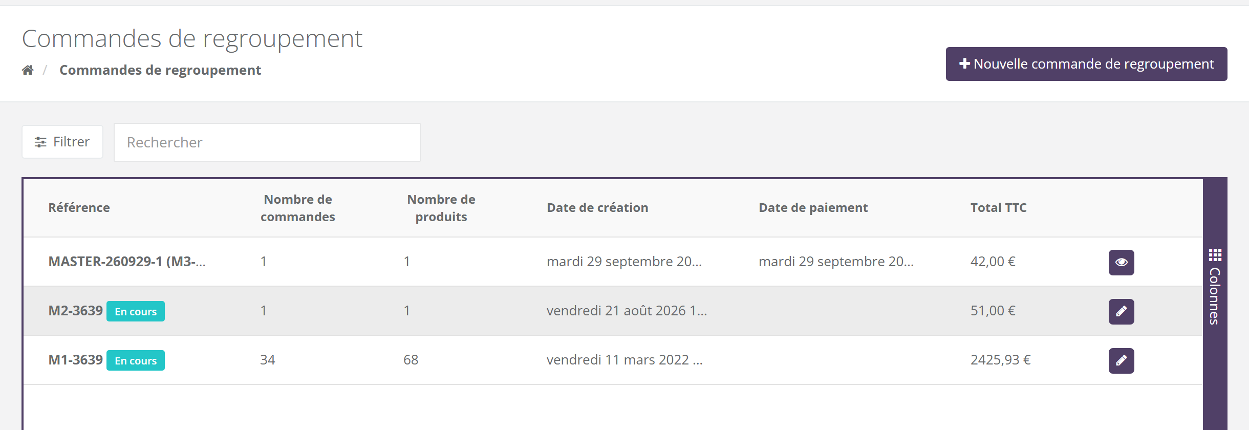 Liste Commandes de regroupement : bouton Nouvelle commande de regroupement, Filtrer, Rechercher, et trois lignes : MASTER-260929-1 clôturé avec un œil, M2-3639 et M1-3639 En cours avec un crayon, colonnes Référence, Nombre de commandes, Nombre de produits, Date de création, Date de paiement, Total TTC