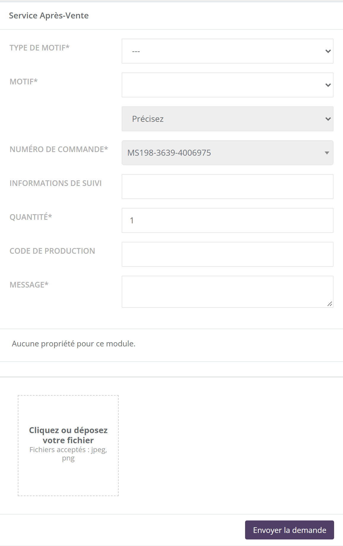 Formulaire Service Après-Vente : Type de motif, Motif, Précisez, Numéro de commande, Informations de suivi, Quantité, Code de production, Message, zone Cliquez ou déposez votre fichier (jpeg, png), bouton Envoyer la demande