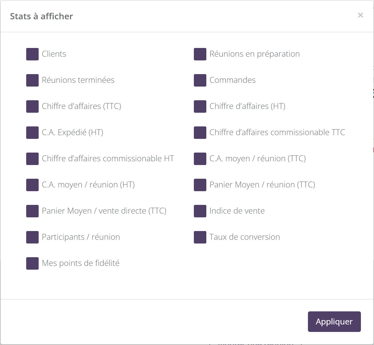 Fenêtre Stats à afficher : cases à cocher Clients, Réunions en préparation, Réunions terminées, Commandes, Chiffre d'affaires (TTC) et (HT), C.A. Expédié (HT), chiffres d'affaires commissionnables, moyennes, Indice de vente, Participants / réunion, Taux de conversion, Mes points de fidélité, et bouton Appliquer