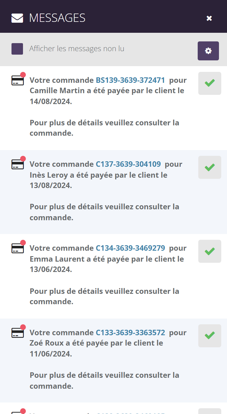Panneau Messages ouvert : case Afficher les messages non lu, roue crantée, et notifications de commandes payées avec un bouton coche pour chacune