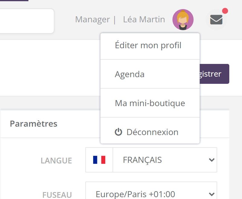 Menu ouvert sous le nom Léa Martin, en haut à droite : Éditer mon profil, Agenda, Ma mini-boutique, Déconnexion