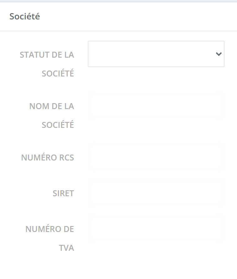 Bloc Société : liste Statut de la société, puis Nom de la société, Numéro RCS, Siret et Numéro de TVA