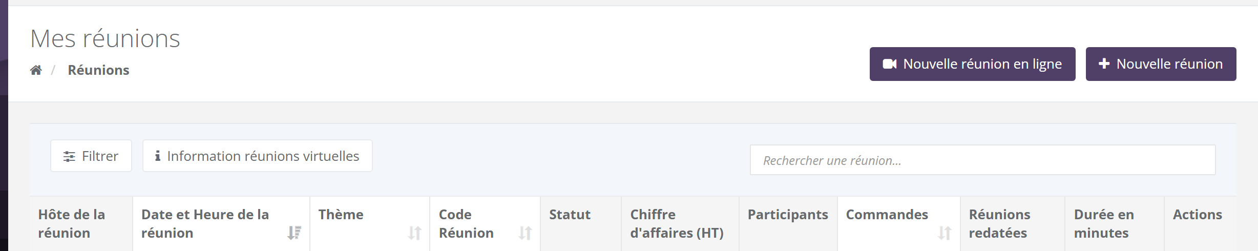Haut de la liste Mes réunions : boutons Nouvelle réunion en ligne et Nouvelle réunion en haut à droite ; sous le titre, boutons Filtrer et Information réunions virtuelles, puis l'en-tête du tableau avec la colonne Durée en minutes