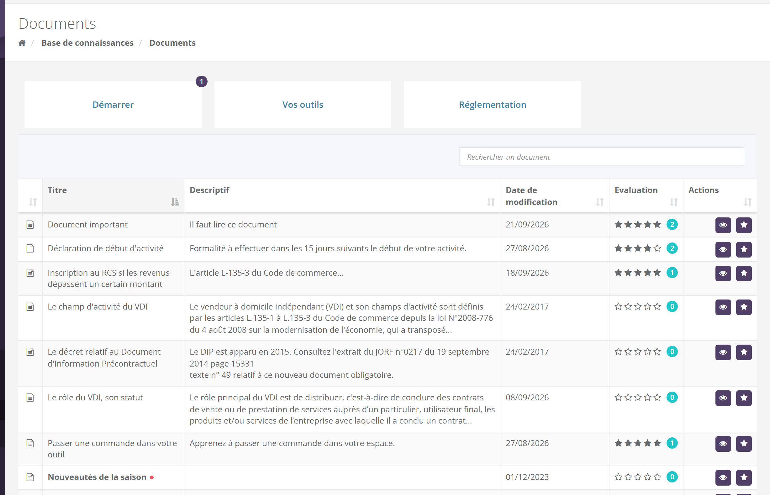 Page Documents : trois tuiles de catégories dont une avec le badge 1, champ Rechercher un document, tableau aux colonnes Titre, Descriptif, Date de modification, Evaluation et Actions ; un document non lu en gras avec une pastille rouge
