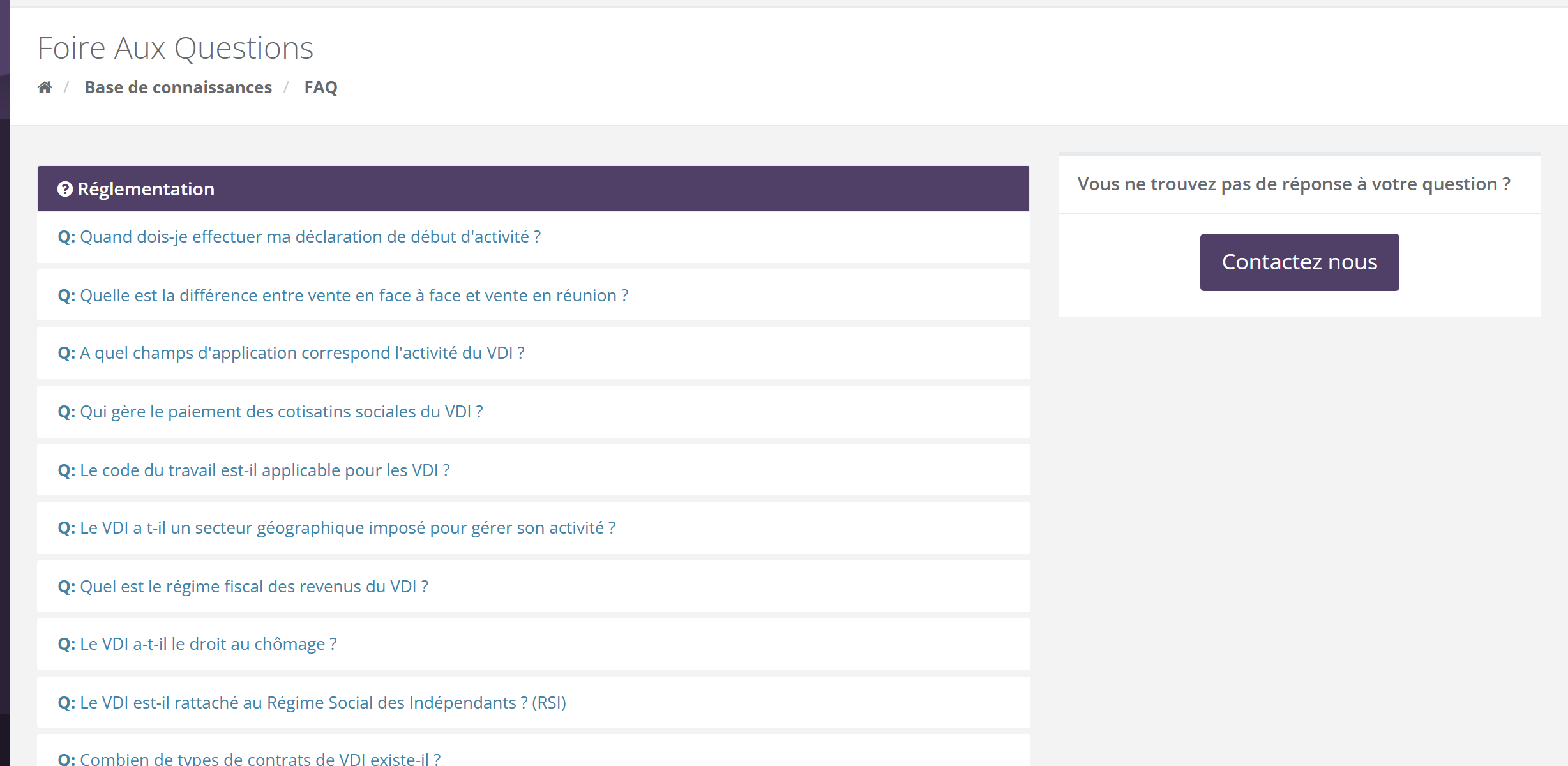 Page Foire Aux Questions : catégorie Réglementation et ses questions précédées de Q:, encadré Vous ne trouvez pas de réponse à votre question ? avec le bouton Contactez nous
