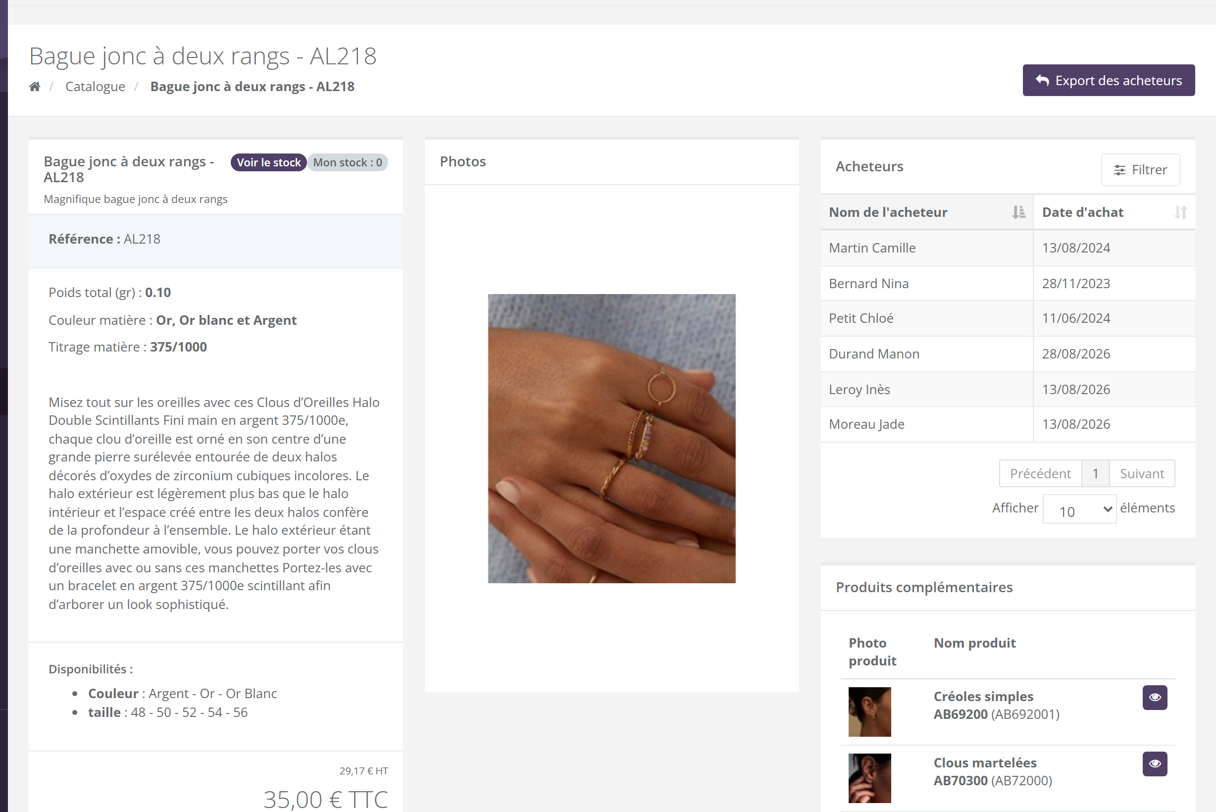 Fiche d'une bague : bouton Export des acheteurs en haut à droite, badges Voir le stock et Mon stock, référence, caractéristiques, description, disponibilités par couleur et taille, prix HT et TTC, bloc Photos, bloc Acheteurs avec noms et dates d'achat, bloc Produits complémentaires