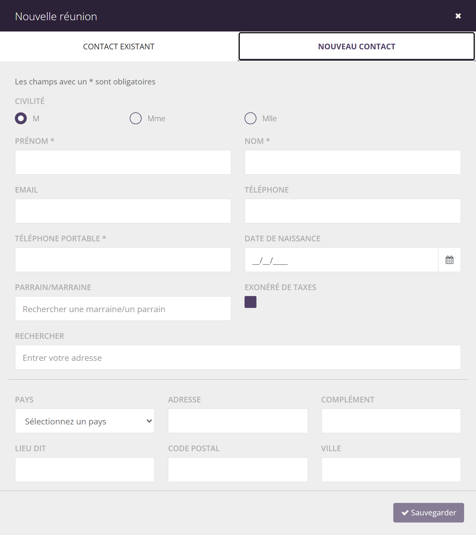 Onglet Nouveau contact : Civilité M, Mme ou Mlle, Prénom et Nom obligatoires, Email, Téléphone, Téléphone portable, Date de naissance, Parrain/Marraine, Exonéré de taxes, recherche d'adresse puis Pays, Adresse, Complément, Lieu dit, Code postal, Ville ; bouton Sauvegarder