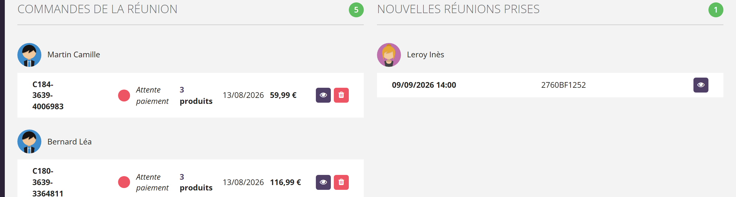 Bas de la fiche réunion : à gauche Commandes de la réunion regroupées par cliente avec référence, statut Attente paiement ou Payée, nombre de produits, date et montant ; à droite Nouvelles réunions prises avec une hôtesse, la date 09/09/2026 14:00, le code de réunion et un bouton œil