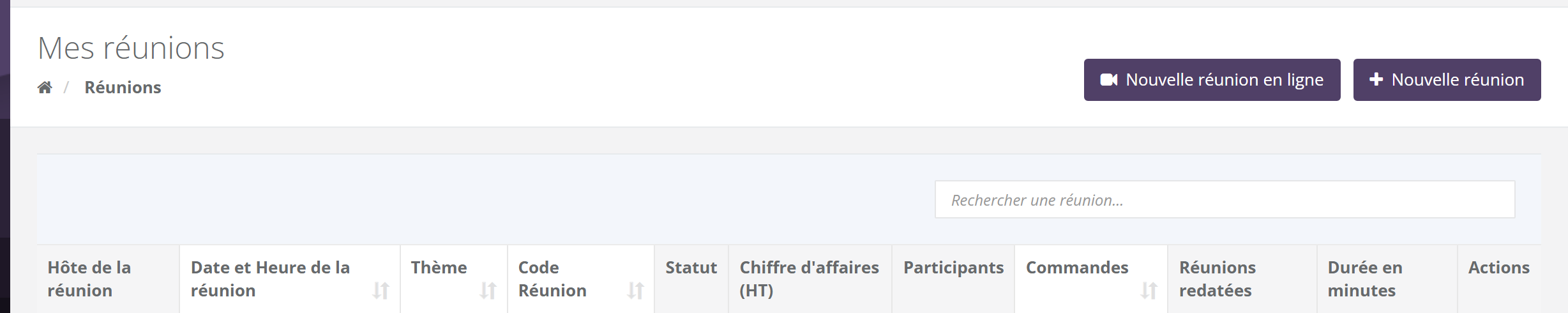 Page Mes réunions : boutons Nouvelle réunion en ligne et Nouvelle réunion en haut à droite, champ Rechercher une réunion, et en-têtes de colonnes Hôte de la réunion, Date et Heure de la réunion, Thème, Code Réunion, Statut, Chiffre d'affaires (HT), Participants, Commandes, Réunions redatées, Durée en minutes, Actions