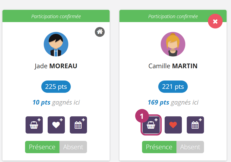 Deux cartes de participantes : l'hôtesse Jade Moreau avec l'icône maison, et Camille Martin. Chaque carte affiche le solde de points, les points gagnés ici, trois boutons (panier avec plus, cœur, calendrier avec plus) et les boutons Présence / Absent. Le bouton panier de Camille est encadré avec le repère 1